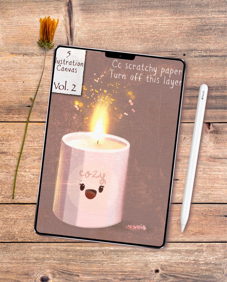 May include: Digital illustration on a tablet featuring a lit candle with the word "cozy" and a smiling face. The tablet is on a wooden surface, with a dried flower and a stylus. Text on the tablet reads "5 Illustration Canvas Vol. 2".