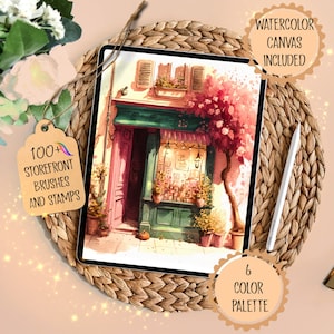 May include: Digital illustration of a storefront with a pink door, green awning, and a window display of flowers. The storefront is surrounded by greenery and a tree with pink flowers. The image includes the text "100+ Storefront Brushes and Stamps" and "6 Color Palette".