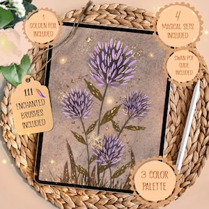 May include: Digital art on a tablet featuring purple thistle flowers with gold accents. The image includes text labels: "1 Golden Foil Included", "111 Enchanted Brushes Included", "4 Magical Sets Included", "Swan PDF Guide Included", and "3 Color Palette".