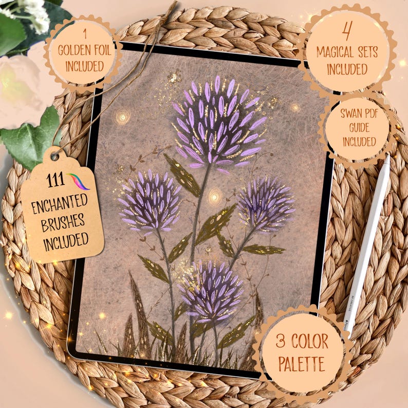 May include: Digital art on a tablet featuring purple thistle flowers with gold accents. The image includes text labels: "1 Golden Foil Included", "111 Enchanted Brushes Included", "4 Magical Sets Included", "Swan PDF Guide Included", and "3 Color Palette".