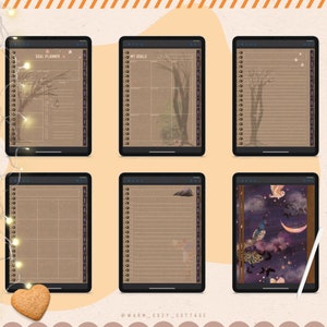 May include: Six digital planner pages with different designs. The first page is a goal planner with a brown background and a tree silhouette. The second page is a goal planner with a brown background and a tree silhouette. The third page is a goal planner with a brown background and a tree silhouette. The fourth page is a goal planner with a brown background and a tree silhouette. The fifth page is a goal planner with a brown background and a tree silhouette. The sixth page is a goal planner with a brown background and a tree silhouette.
