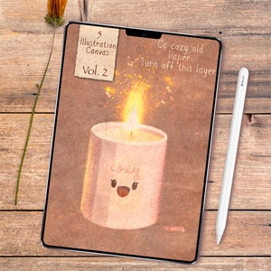 May include: Digital illustration on a tablet featuring a lit candle with the word "cozy" and a smiling face. The tablet displays text: "5 Illustration Canvas Vol. 2" and "Cc cozy old Paper Turn off this layer". A white stylus rests on the right.
