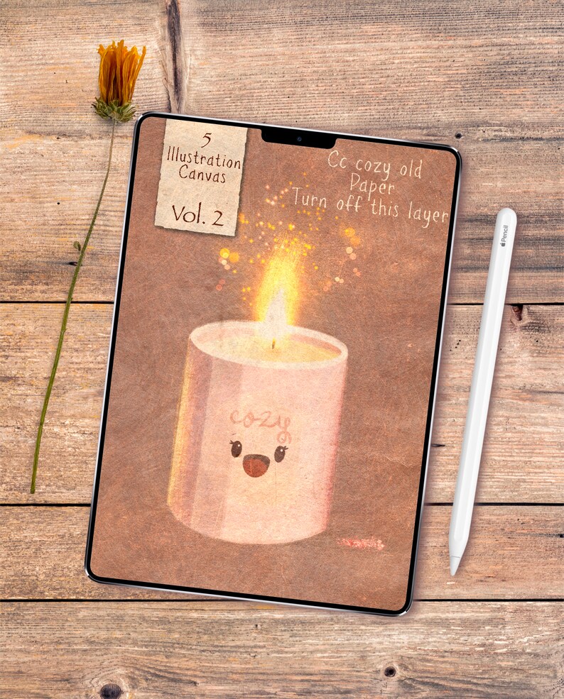 May include: Digital illustration on a tablet featuring a lit candle with the word "cozy" and a smiling face. The tablet displays text: "5 Illustration Canvas Vol. 2" and "Cc cozy old Paper Turn off this layer". A white stylus rests on the right.