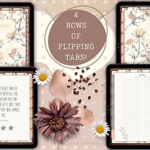 May include: Four rows of printable planner tabs with floral designs. The tabs are on a digital tablet screen. The background is a light pink with coffee beans and flowers.