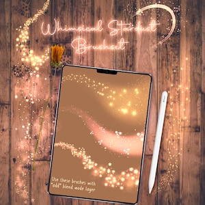 May include: A digital tablet displaying a preview of a set of whimsical stardust brushes. The brushes are shown on a brown background with a trail of sparkling stars. The text "Use these brushes with "add" blend mode layer" is displayed at the bottom of the screen.