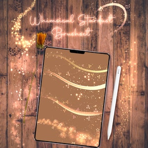 May include: A digital tablet displaying a brown background with gold and white sparkling lines and stars. The text "Whimsical Stardust Brushset" is displayed at the top of the tablet.