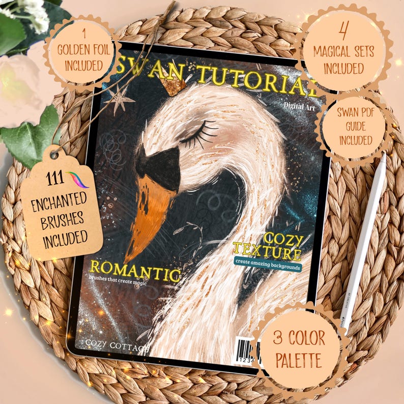 May include: A digital art tutorial displayed on a tablet, featuring a swan illustration with the text "Swan Tutorial." Includes 111 enchanted brushes, 4 magical sets, a swan PDF guide, a golden foil, and a 3-color palette.