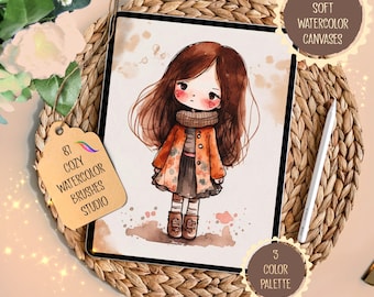 87 PENNELLI PER ACQUERELLO PROCREATE / 11 tele per acquerello Procreate / 3 palette di colori Procreate / set da studio di pennelli per acquerello Procreate Cozy