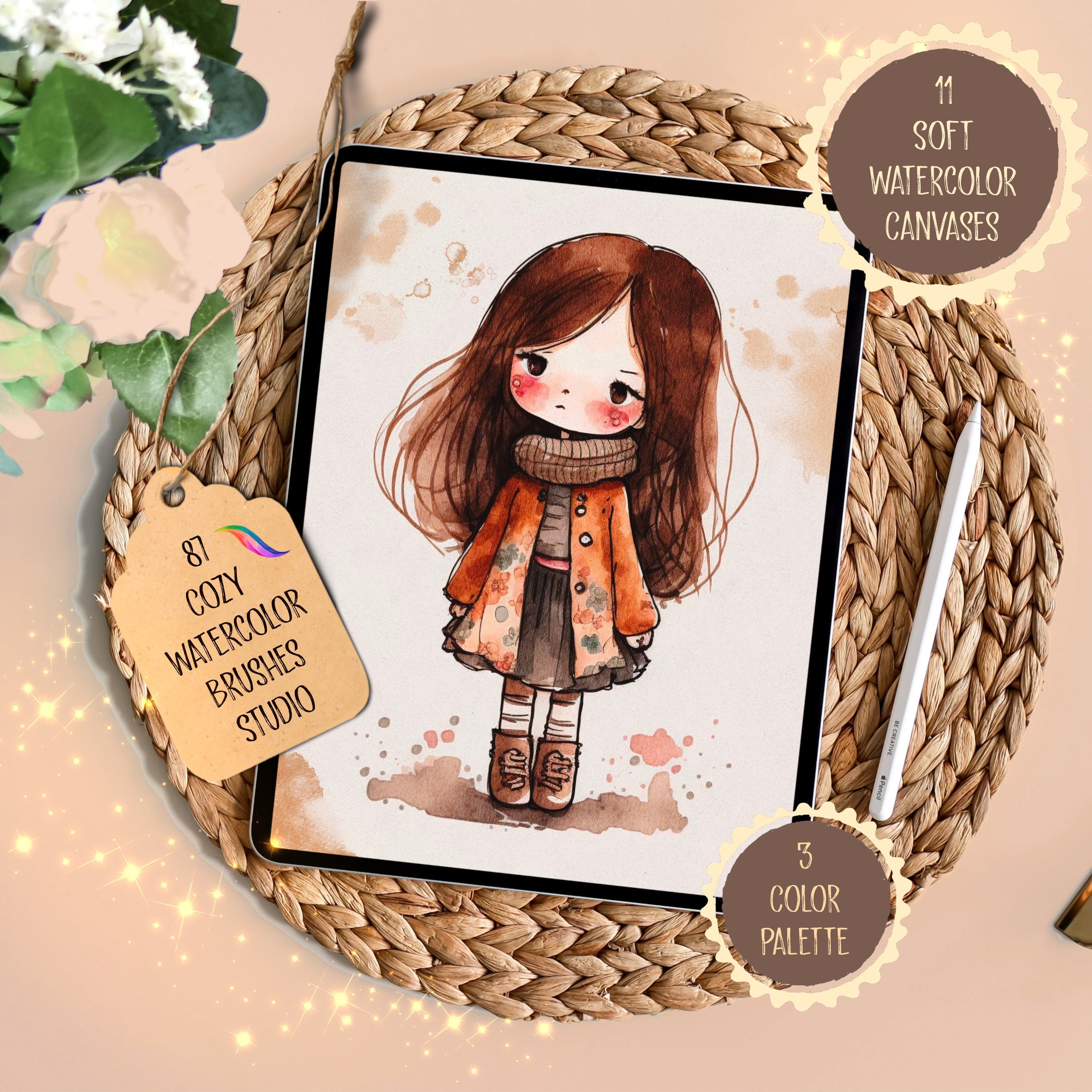 87 pinceles de acuarela para Procreate + 11 texturas de lienzo y 3 paletas de color | Cozy Watercolor Studio Set