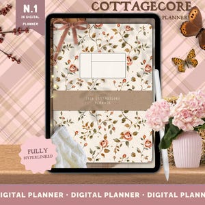 May include: Digital planner on a tablet with a floral design. The planner is labeled "2024 Cottagecore Planner" and is fully hyperlinked. The image includes butterflies, flowers, and the text "N.1 in Digital Planner".