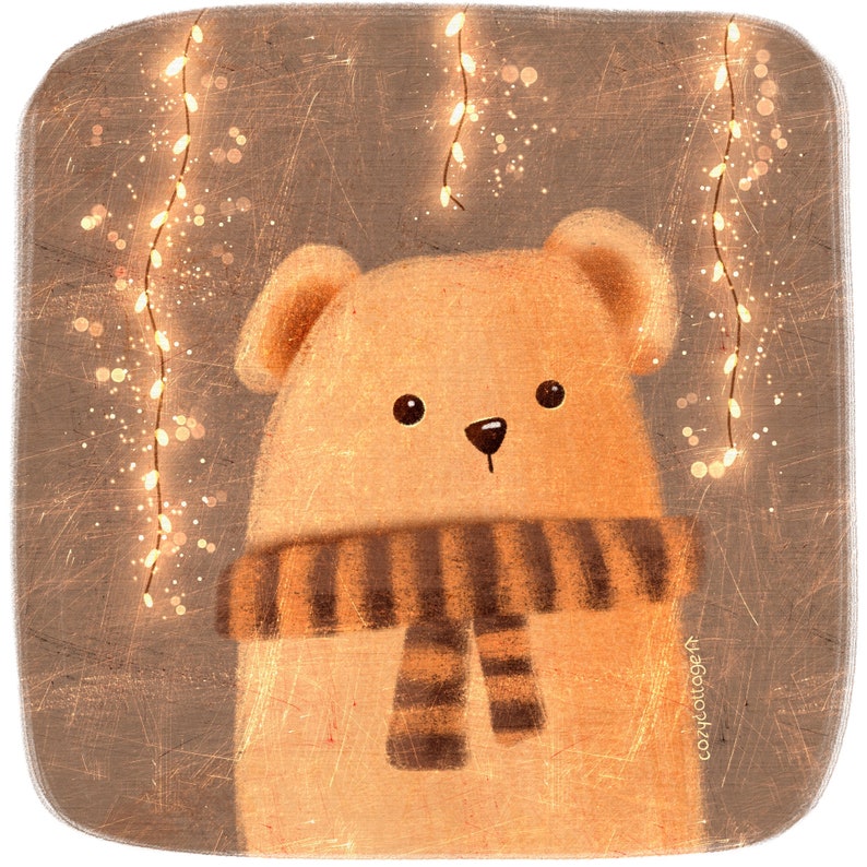 May include: A digital illustration of a light brown bear wearing a striped scarf. The bear is set against a textured, brown background with hanging string lights. The image has a cozy, warm aesthetic.