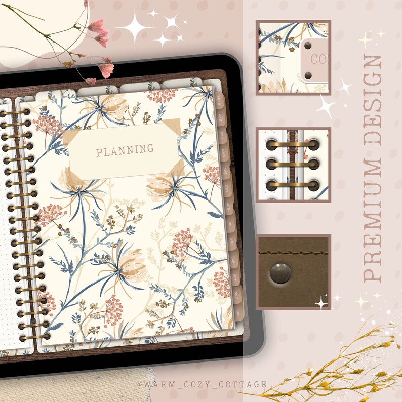 May include: A white planner with a floral design featuring blue and brown stems and pink and beige flowers. The planner has a gold spiral binding and a brown leather cover. The text "PLANNING" is printed on a beige label on the front cover.