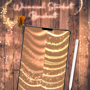 May include: A digital tablet displaying a set of gold glitter brushes for digital art. The brushes are arranged in rows on a brown background. The text "Whimsical Stardust Brushset" is displayed at the top of the screen.