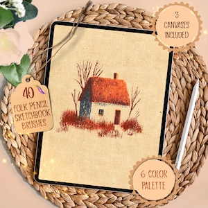 May include: Digital art set featuring a rustic cottage illustration with a red roof and a neutral background. Includes 40 folk pencil sketchbook brushes, 3 canvases, and a 6-color palette. A white stylus rests on the side.