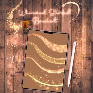 May include: A digital tablet displaying a set of whimsical stardust brushes. The brushes are shown on a brown background and feature sparkling gold and white stars and swirls. The text "Whimsical Stardust Brushset" is displayed at the top of the tablet.