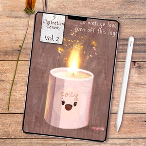 May include: Digital illustration on a tablet featuring a lit candle with the word "cozy" and a smiling face. The tablet also displays the text "5 Illustration Canvas Vol. 2" and "Ce vintage love Turn off this laye". A white stylus and a dried flower are also present.
