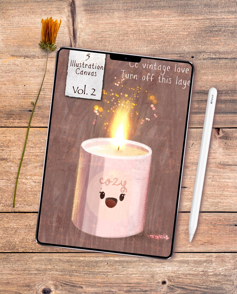 May include: Digital illustration on a tablet featuring a lit candle with the word "cozy" and a smiling face. The tablet also displays the text "5 Illustration Canvas Vol. 2" and "Ce vintage love Turn off this laye". A white stylus and a dried flower are also present.