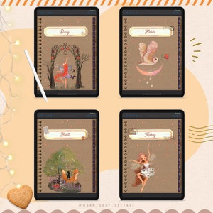 May include: Four digital planner covers with a brown background and gold accents. Each cover features a different illustration of a fairy, an owl, a fox, and a bird. The covers are labeled "Daily", "Habits", "Health", and "Money".