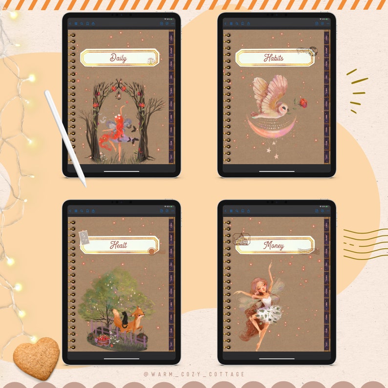 May include: Four digital planner covers with a brown background and gold accents. Each cover features a different illustration of a fairy, an owl, a fox, and a bird. The covers are labeled "Daily", "Habits", "Health", and "Money".