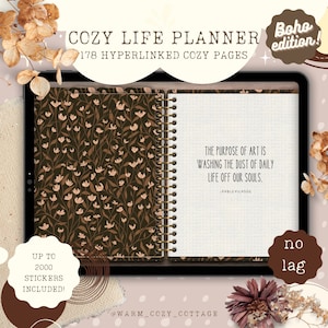 May include: A digital planner with a floral design on the cover. The planner is open to a page with a quote by Pablo Picasso: "The purpose of art is washing the dust of daily life off our souls."