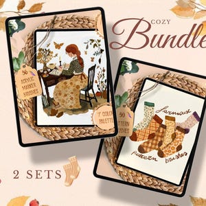 Pode incluir: Um pacote de arte digital com dois conjuntos de ilustrações. Um conjunto apresenta uma mulher escrevendo, o outro meias estampadas. O texto "Cozy Bundle" é exibido, juntamente com "36 Acrylic Marker Brushes", "7 Color Palette" e "50 Pattern Brushes".
