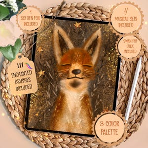 May include: Digital art set featuring a serene fox illustration with closed eyes, surrounded by golden accents. Includes 1 golden foil, 111 enchanted brushes, 4 magical sets, a Swan PDF guide, and a 3-color palette. The artwork is displayed on a tablet with a stylus.
