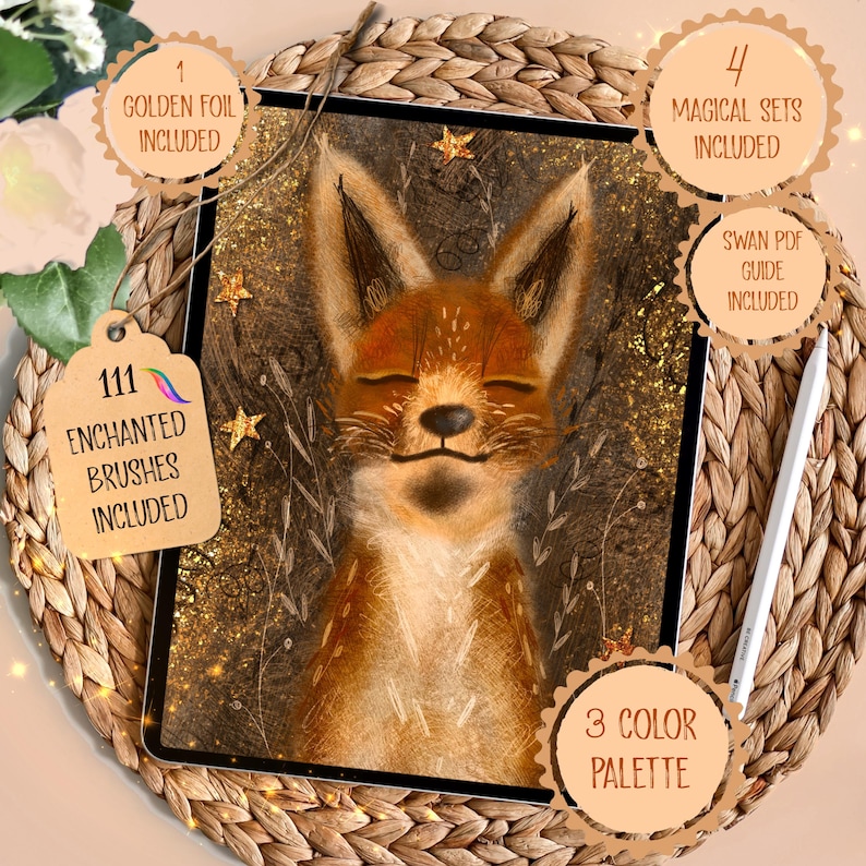 May include: Digital art set featuring a serene fox illustration with closed eyes, surrounded by golden accents. Includes 1 golden foil, 111 enchanted brushes, 4 magical sets, a Swan PDF guide, and a 3-color palette. The artwork is displayed on a tablet with a stylus.