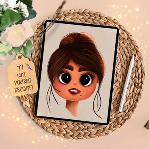 May include: A digital illustration of a cute cartoon girl with brown hair and big eyes. The illustration is on a tablet screen, which is sitting on a woven straw mat.