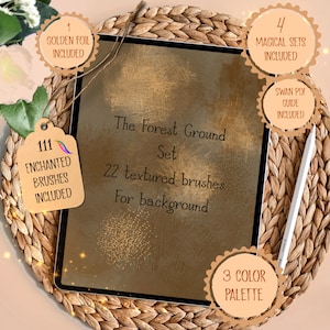 May include: A digital art set, "The Forest Ground Set," displayed on a tablet. The set includes 22 textured brushes for backgrounds, 111 enchanted brushes, 4 magical sets, 1 golden foil, a 3-color palette, and a Swan PDF guide.