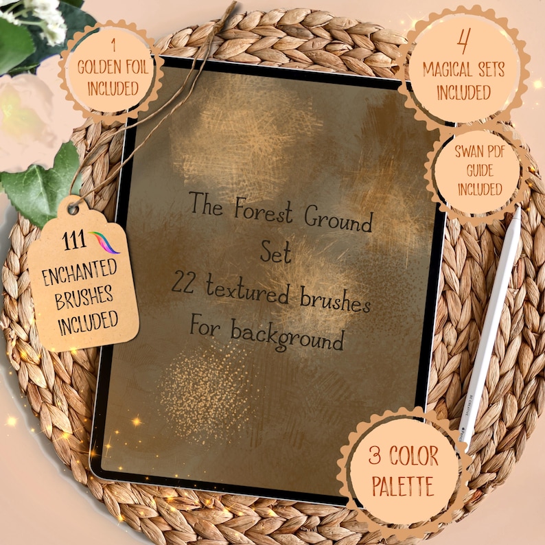 May include: A digital art set, "The Forest Ground Set," displayed on a tablet. The set includes 22 textured brushes for backgrounds, 111 enchanted brushes, 4 magical sets, 1 golden foil, a 3-color palette, and a Swan PDF guide.