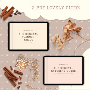May include: Two digital planner guides on tablet screens. The top guide is titled "The Digital Planner Guide" and the bottom guide is titled "The Digital Stickers Guide". Both guides have a light background with brown text. The image is surrounded by a brown background with white dots.
