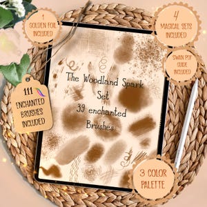 May include: A digital art set on a tablet, featuring the text "The Woodland Spark Set" with 39 enchanted brushes. Includes 111 enchanted brushes, 4 magical sets, a golden foil, a Swan PDF guide, and a 3-color palette. The tablet rests on a woven mat.