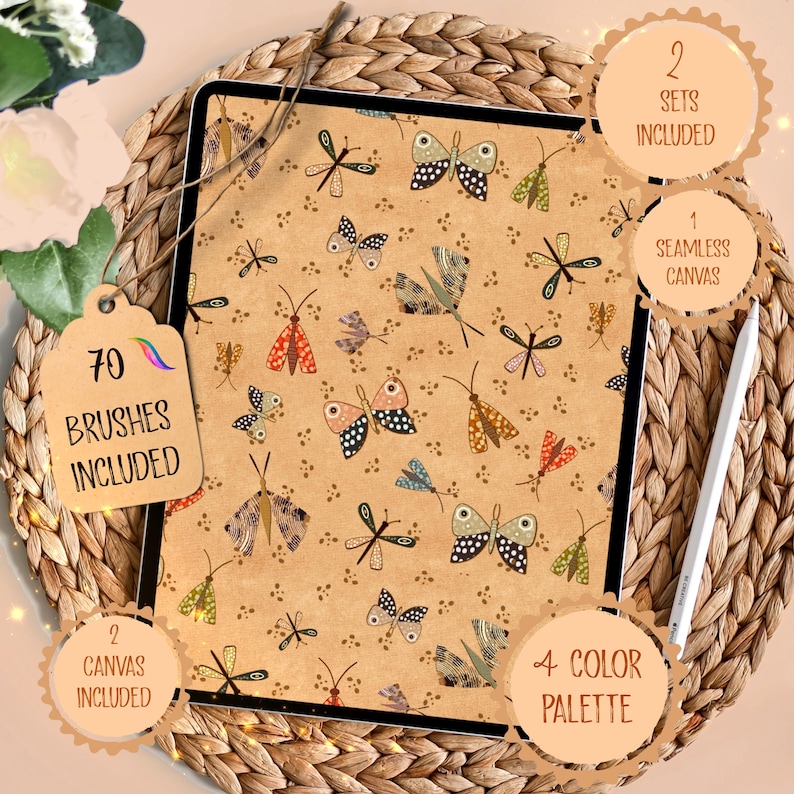 Pu&ograve; includere: Un design di arte digitale visualizzato su un tablet, con un motivo ripetuto di farfalle e libellule colorate su uno sfondo marrone. Include uno stilo, un'etichetta con "70 BRUSHES INCLUDED" e altre etichette di testo.