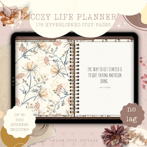 May include: A digital planner with a floral design on the cover. The planner is open to a page with a quote by Walt Disney: "The way to get started is to quit talking and begin doing." The planner is advertised as having 178 hyperlinked pages and up to 2000 stickers included.