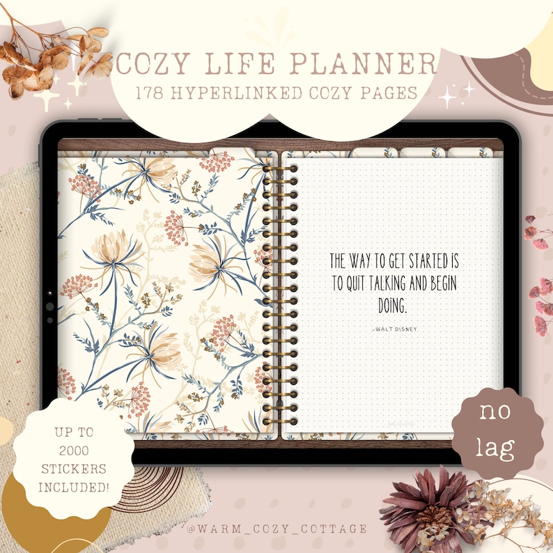May include: A digital planner with a floral design on the cover. The planner is open to a page with a quote by Walt Disney: "The way to get started is to quit talking and begin doing." The planner is advertised as having 178 hyperlinked pages and up to 2000 stickers included.