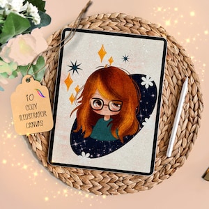 May include: A digital illustration on a tablet showing a cartoon girl with red hair and glasses, surrounded by stars. The tablet is on a woven mat, with a stylus and a tag reading "10 Cozy Illustrator Canvas."