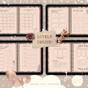 May include: A digital planner with a peach background and floral illustrations. The planner includes pages for monthly goals, weekly goals, to-do lists, habit tracking, and weekly to-do lists. The text "LOVELY DESIGN!" is written on a brown paper texture.