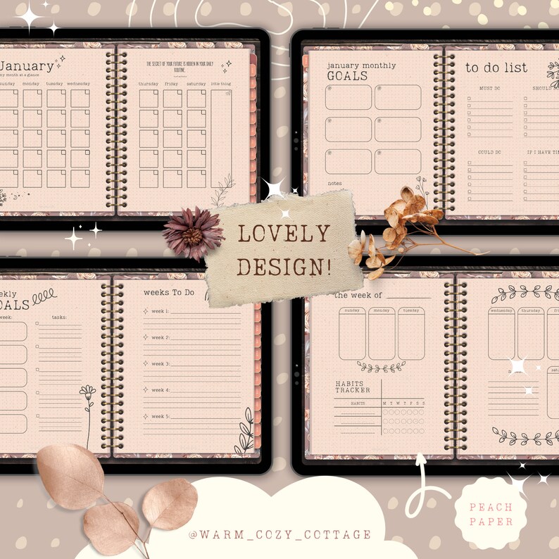 May include: A digital planner with a peach background and floral illustrations. The planner includes pages for monthly goals, weekly goals, to-do lists, habit tracking, and weekly to-do lists. The text "LOVELY DESIGN!" is written on a brown paper texture.