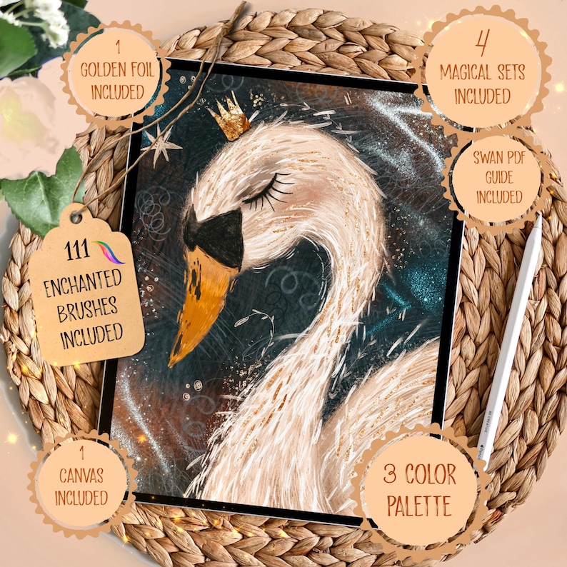May include: Digital art print of a swan with a gold crown, set against a dark teal background. The image includes the text "111 Enchanted Brushes Included", "1 Golden Foil Included", "4 Magical Sets Included", "Swan PDF Guide Included", "1 Canvas Included", and "3 Color Palette".