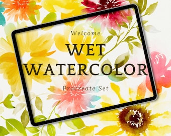 44 PROCREATE WET WATERCOLOR brushes | procreate watercolor canvas | procreate color palette | procreate cozy watercolor floral stamps