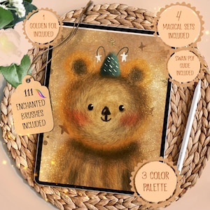 May include: A digital illustration of a teddy bear with a green and white hat, surrounded by stars. The image includes text indicating 111 enchanted brushes, 4 magical sets, 3 color palettes, and a golden foil.
