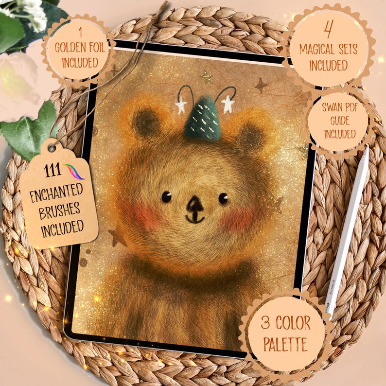 May include: A digital illustration of a teddy bear with a green and white hat, surrounded by stars. The image includes text indicating 111 enchanted brushes, 4 magical sets, 3 color palettes, and a golden foil.