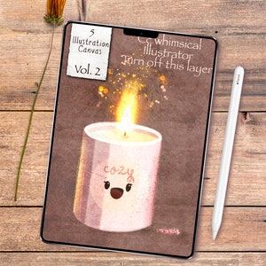 May include: A digital illustration on a tablet featuring a lit candle with the word "cozy" and a smiling face. The tablet also displays the text "5 Illustration Canvas Vol. 2" and "Co whimsical Illustrator Turn off this layer". A white stylus and a dried flower are also present.