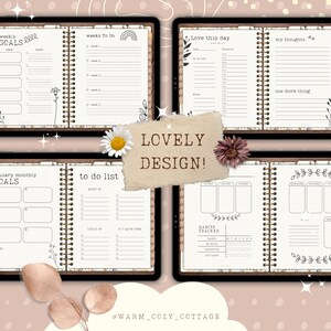 May include: A digital planner with multiple pages for weekly goals, to-do lists, habit tracking, and journaling. The pages are decorated with floral illustrations and a brown woodgrain background.