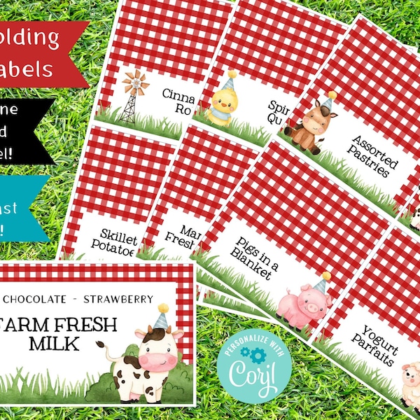 Barnyard Bash 2x4" Editable Folding Food Labels with Red Gingham Background