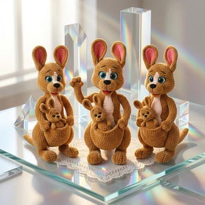 May include: Three handmade crochet kangaroo dolls, each with a baby joey in its pouch. The kangaroos are brown with pink-lined ears and white accents. They stand on a glass surface with decorative crystal prisms in the background.