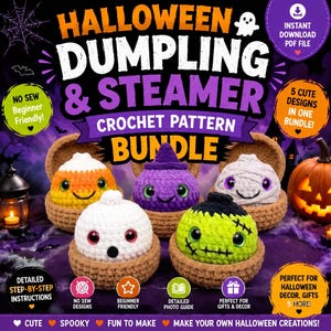 Halloween Dumpling Crochet Pattern Bundle, No Sew Amigurumi Halloween Pattern PDF, Spooky Dumpling Steamer PDF, Cute Food Crochet Pattern