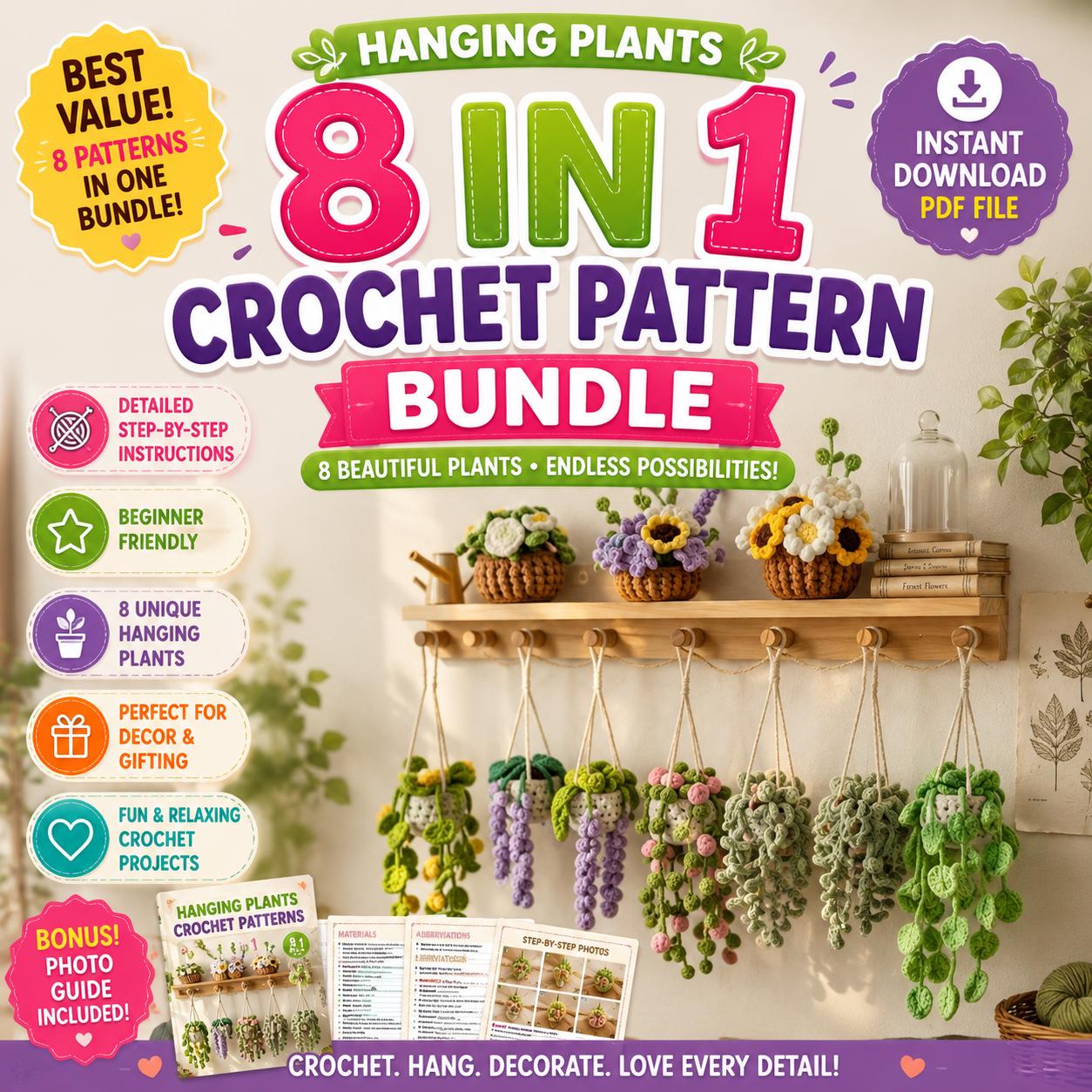 30 Plant Crochet Patterns to Brighten Home Decor and Gift Giving 22 8-in-1 Hanging Plant Crochet Pattern Bundle