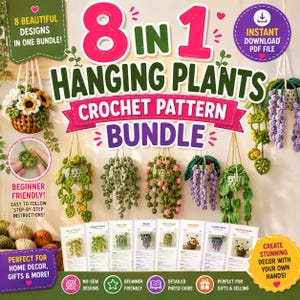 Paquete de patrones de plantas de ganchillo en PDF, tutorial de cesta de flores con plantas colgantes 8 en 1, guía de amigurumi de suculentas en maceta, descarga digital de manualidades.