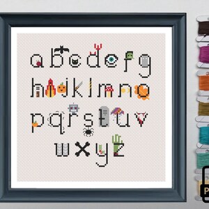 Illustriertes Halloween Alphabet - Groß- & Kleinschreibung mit Beispielsätzen - sofort download PDF Kreuzstichmuster mit Herbstmotiven